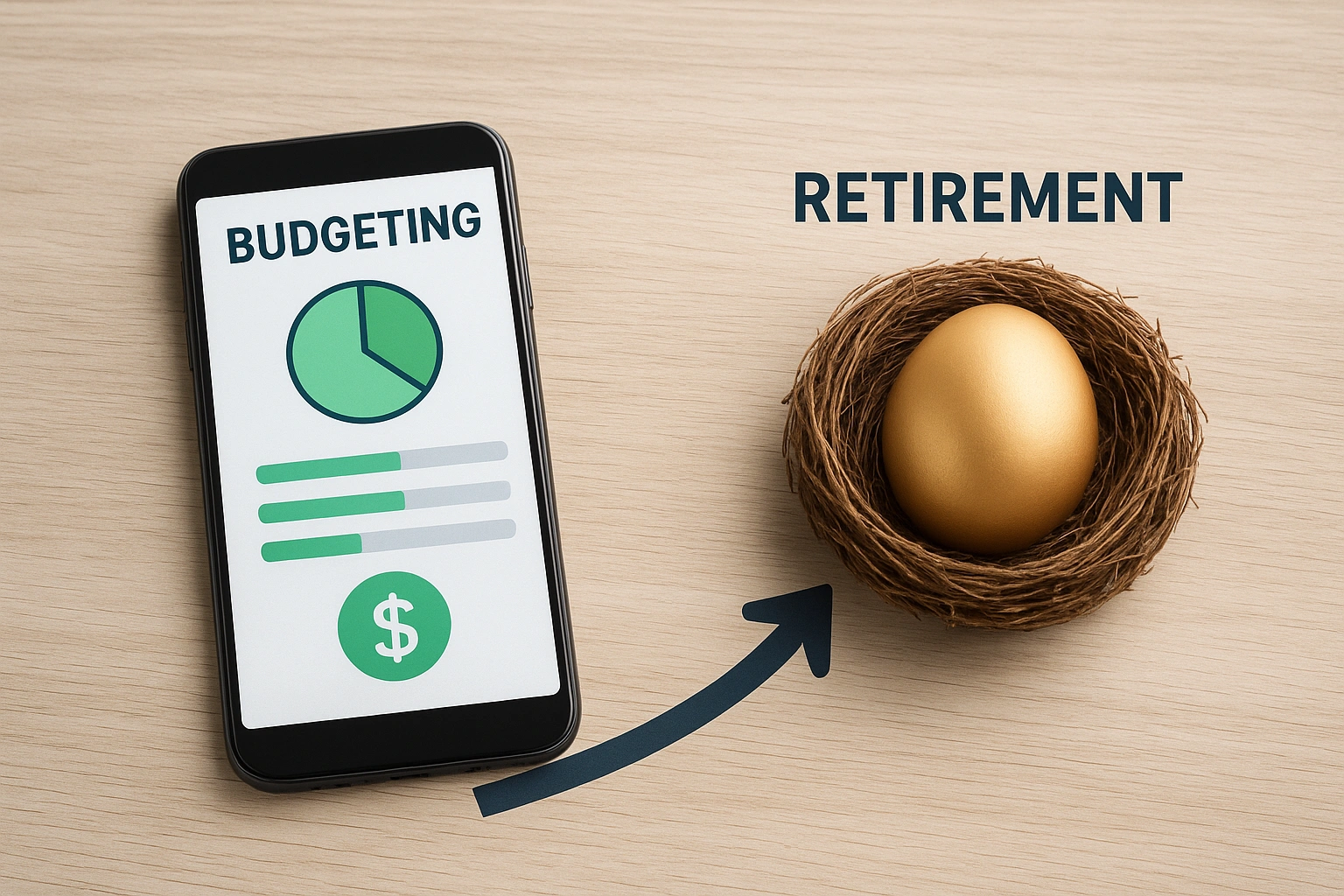 An image showing a clear path from a budgeting app on a phone to a growing retirement nest egg.