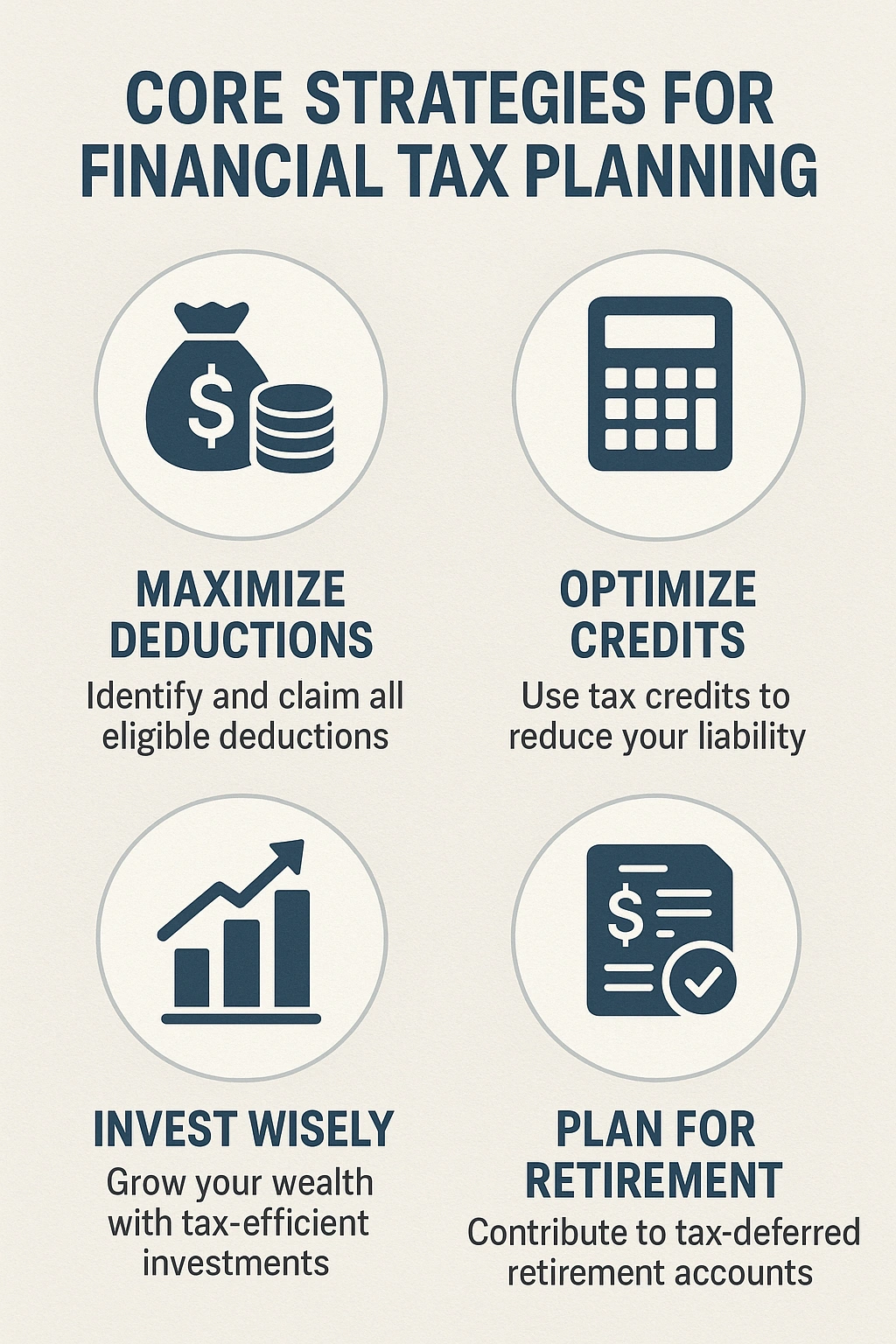 An infographic showing the core strategies for financial tax planning.