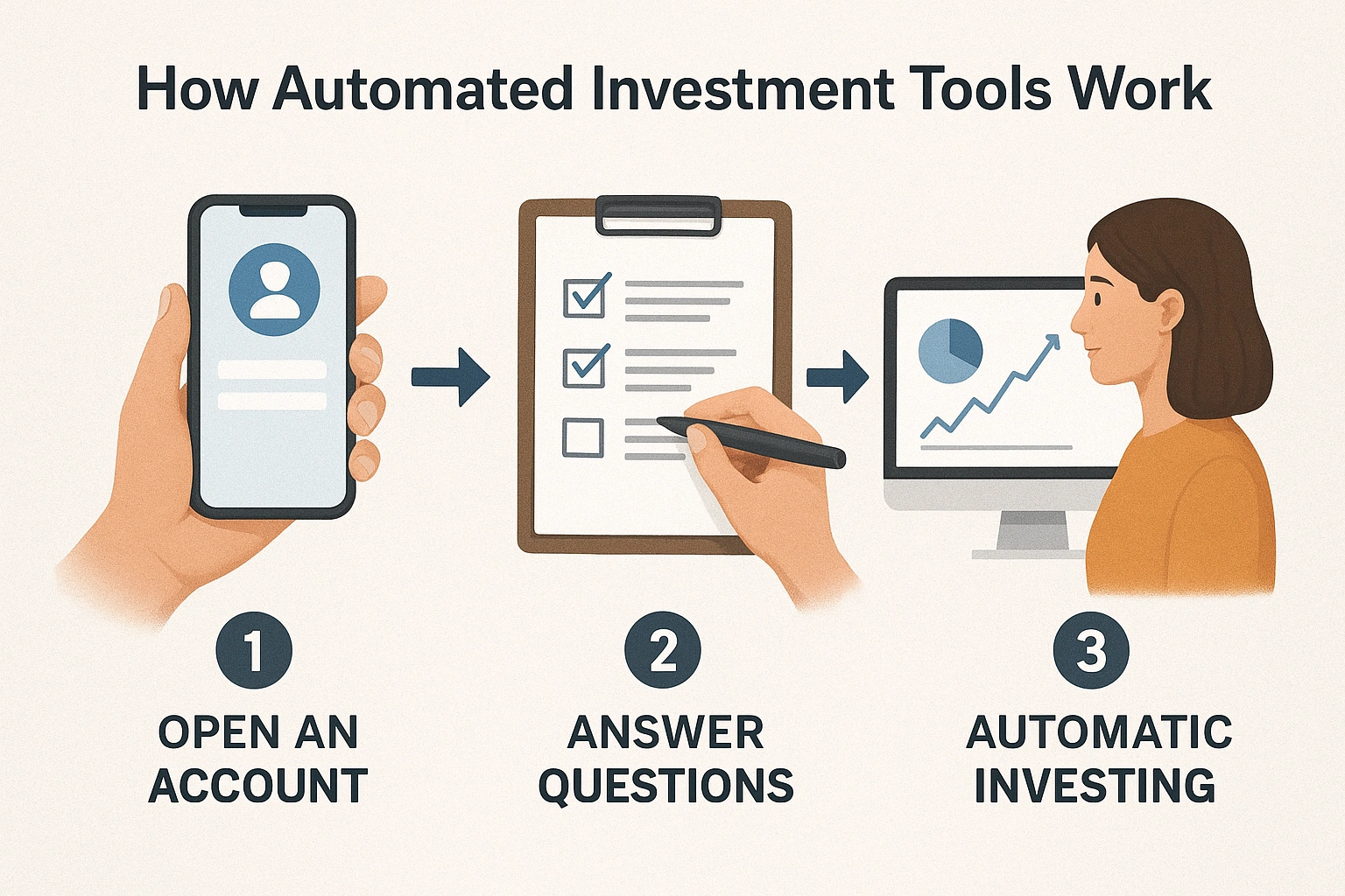 An infographic showing the simple 3-step process of using automated investment tools.