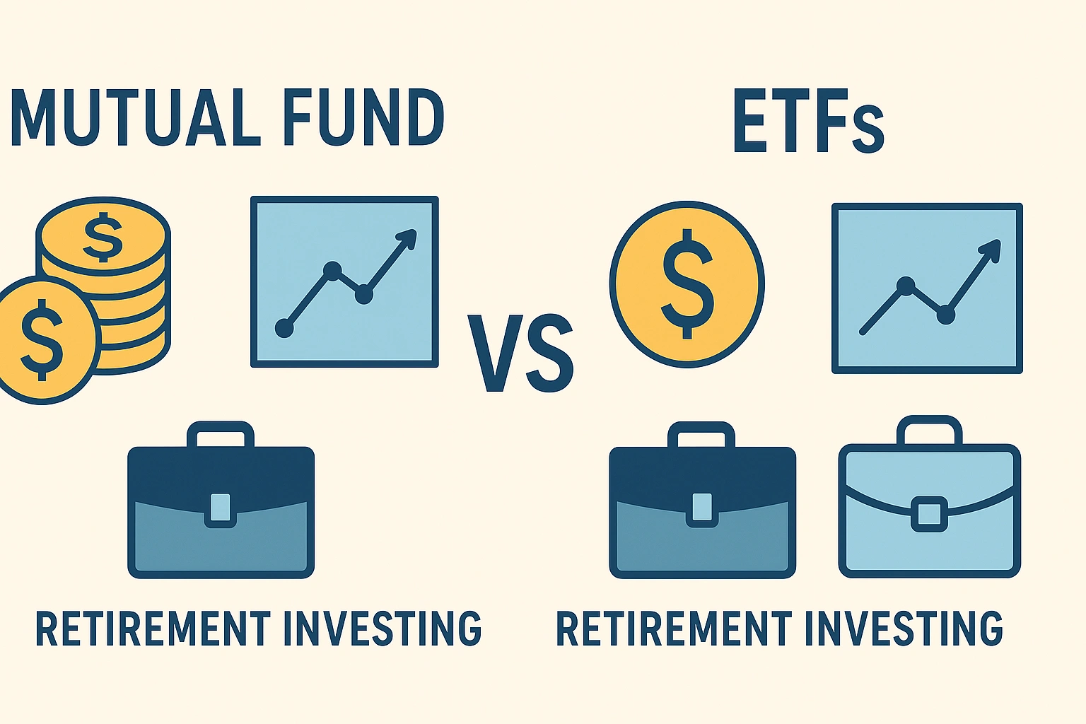 Comparison between mutual funds and ETFs for retirement investing, showing coins, stock charts, and portfolio icons in a modern infographic style