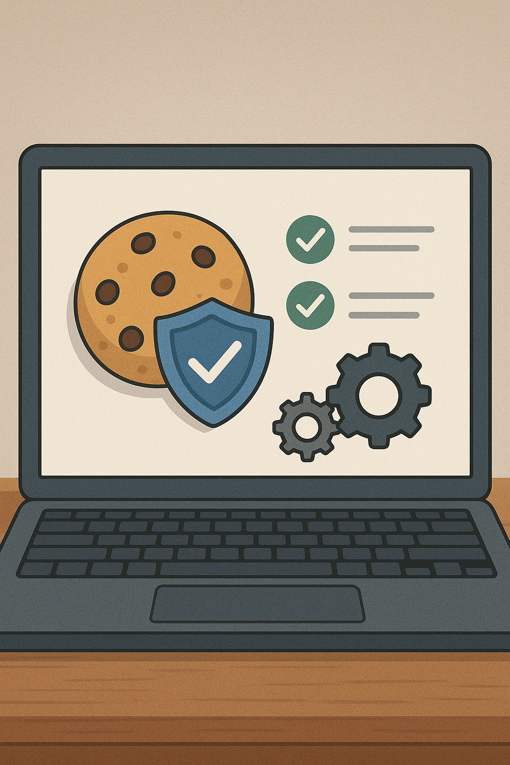 Illustration of a laptop displaying a cookie icon with shield, checkmarks, and settings gears, symbolizing cookie policy, user privacy, and data protection on a retirement planning website.