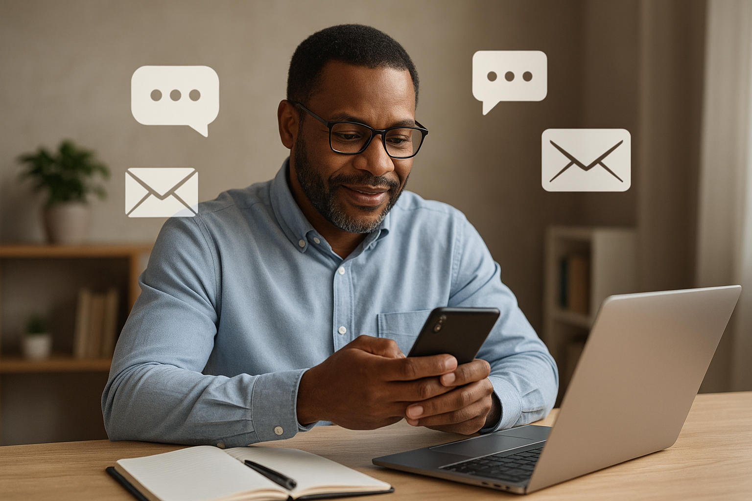 Illustration of a person at a desk sending a message, surrounded by chat and email icons, representing customer support and contact for retirement planning guidance.
