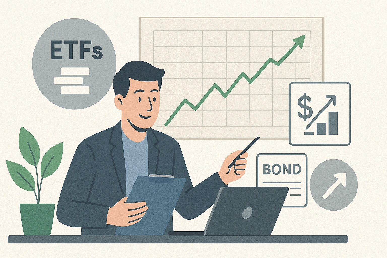 Illustration of a person managing a diversified retirement portfolio with ETFs, featuring growth charts, stock and bond icons, and symbols of long-term investment success.
