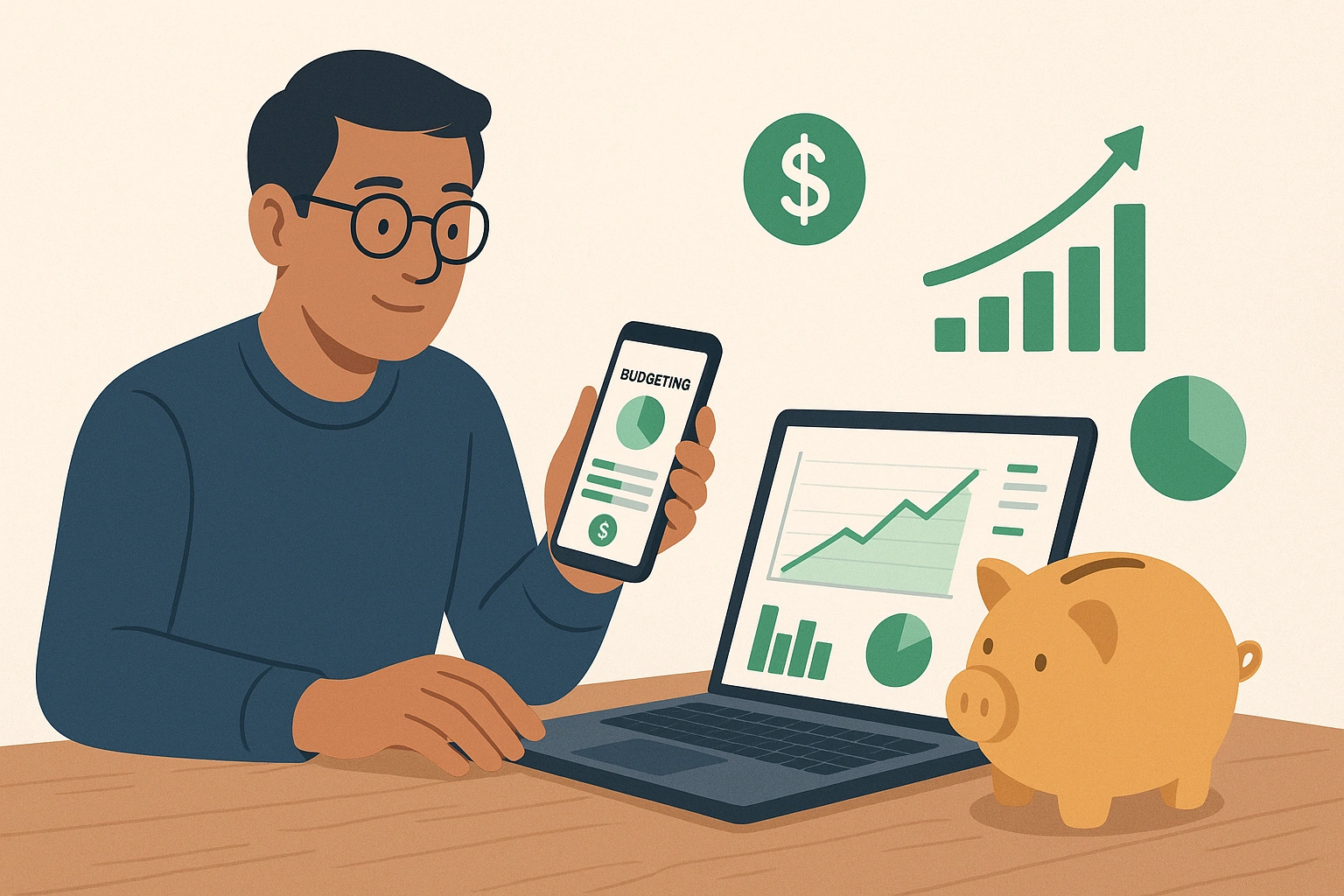 Illustration of a person managing retirement savings using budgeting apps on smartphone and laptop, showing graphs, charts, and financial growth icons for a secure financial future.