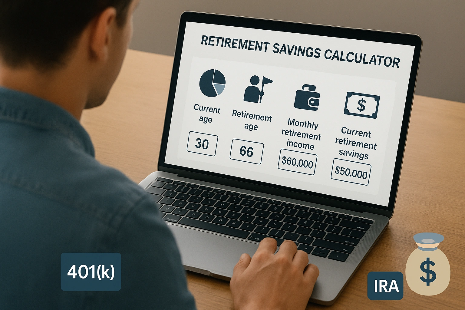 Illustration of a person using a retirement savings calculator on a laptop, surrounded by financial graphs, 401(k), IRA, and savings icons, representing planning for a secure retirement.
