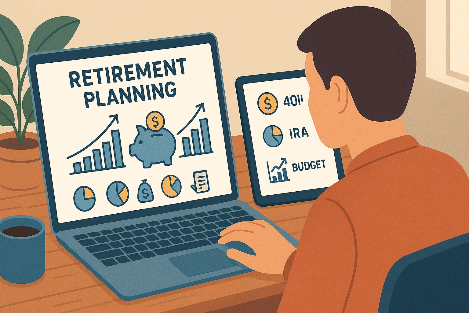 Illustration of a person using digital retirement planning tools on laptop and tablet, with financial charts, 401(k), IRA, and budget icons, representing planning for a secure retirement.