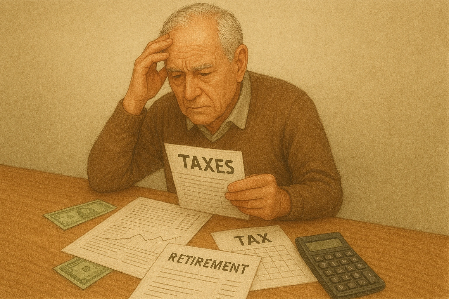 Illustration of a retiree reviewing finances with tax documents and a calculator, highlighting common retirement tax mistakes and strategies to protect savings.