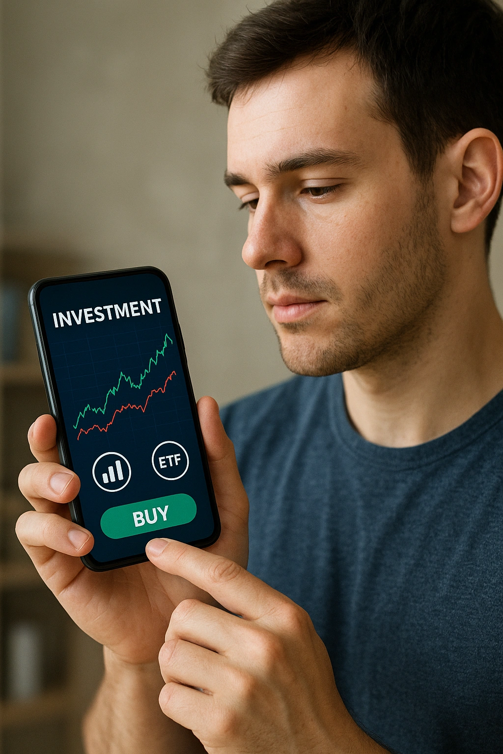 Illustration of a young adult using an investment app on a smartphone with stock charts and ETFs icons, representing beginner-friendly investing and financial growth. Headshot of Dimas Rahadian – Plan Smart, Retire Well