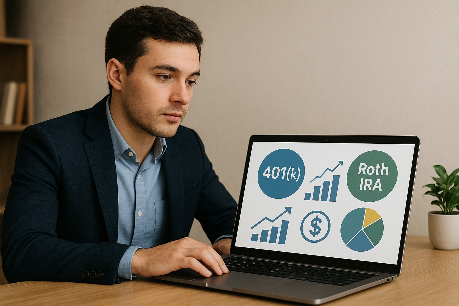 Illustration of a young professional exploring retirement plans on a laptop with visual graphs and icons representing 401(k) and Roth IRA, symbolizing financial planning for beginners.