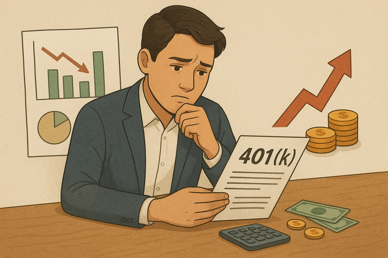 Illustration of a young professional reviewing retirement planning mistakes with charts, 401(k) forms, coins, and growth arrows, representing avoiding financial pitfalls for a secure retirement.