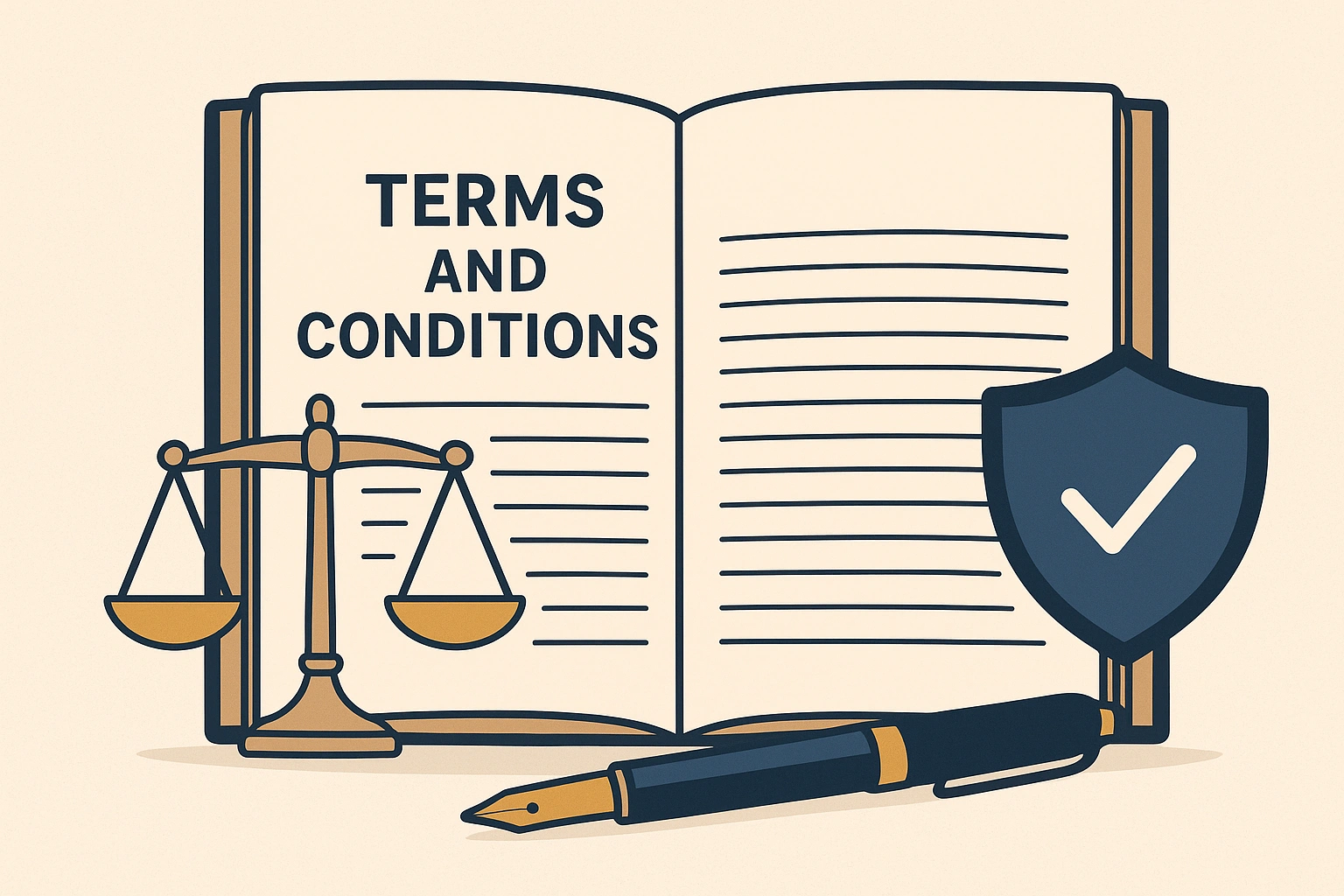 Illustration of an open document with a legal scale, pen, and shield icons, representing website terms and conditions for responsible financial and retirement planning.