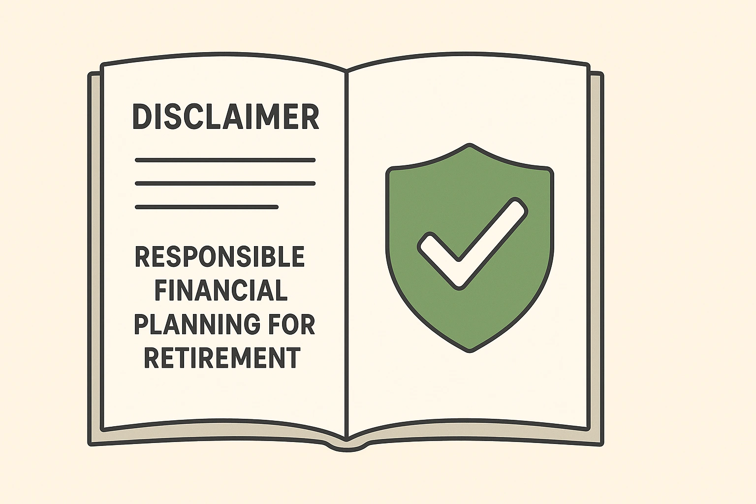 Illustration of an open document with a shield and checkmark, representing legal disclaimer and responsible financial planning for retirement.