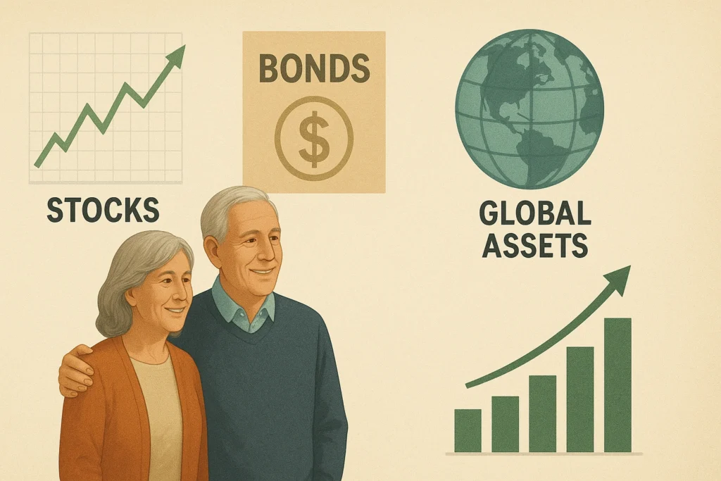 Illustration of retirement investment diversification with stocks, bonds, and global assets, showing growth and financial security for a comfortable retirement.