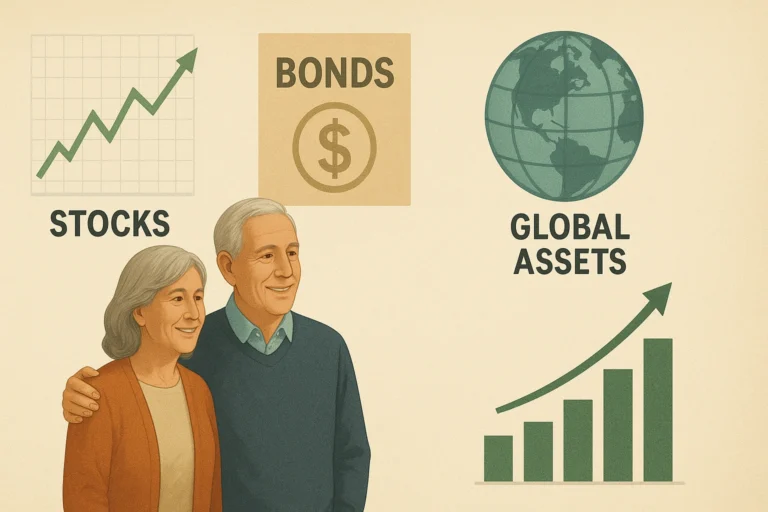 Illustration of retirement investment diversification with stocks, bonds, and global assets, showing growth and financial security for a comfortable retirement.