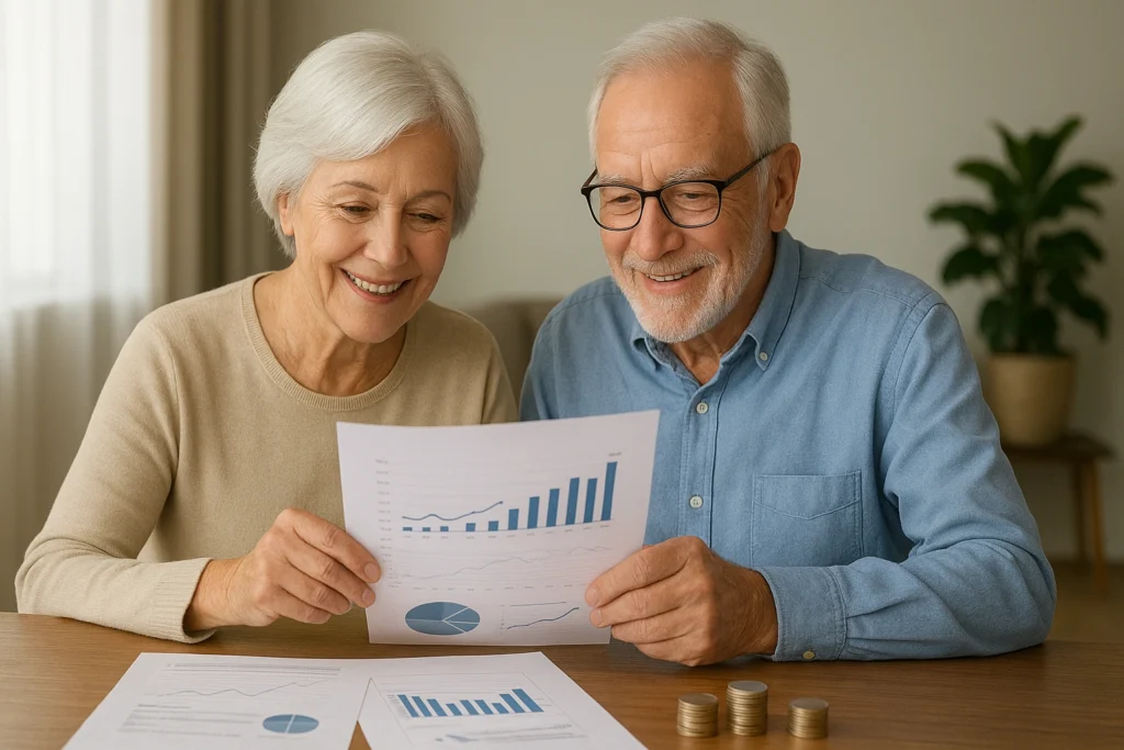 Mature couple reviewing financial plans and charts, symbolizing long-term wealth management and secure retirement, with growth charts and coins on the desk.