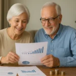 Mature couple reviewing financial plans and charts, symbolizing long-term wealth management and secure retirement, with growth charts and coins on the desk.
