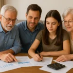 Multi-generational family reviewing financial plans together, symbolizing trusted wealth management strategies for families.