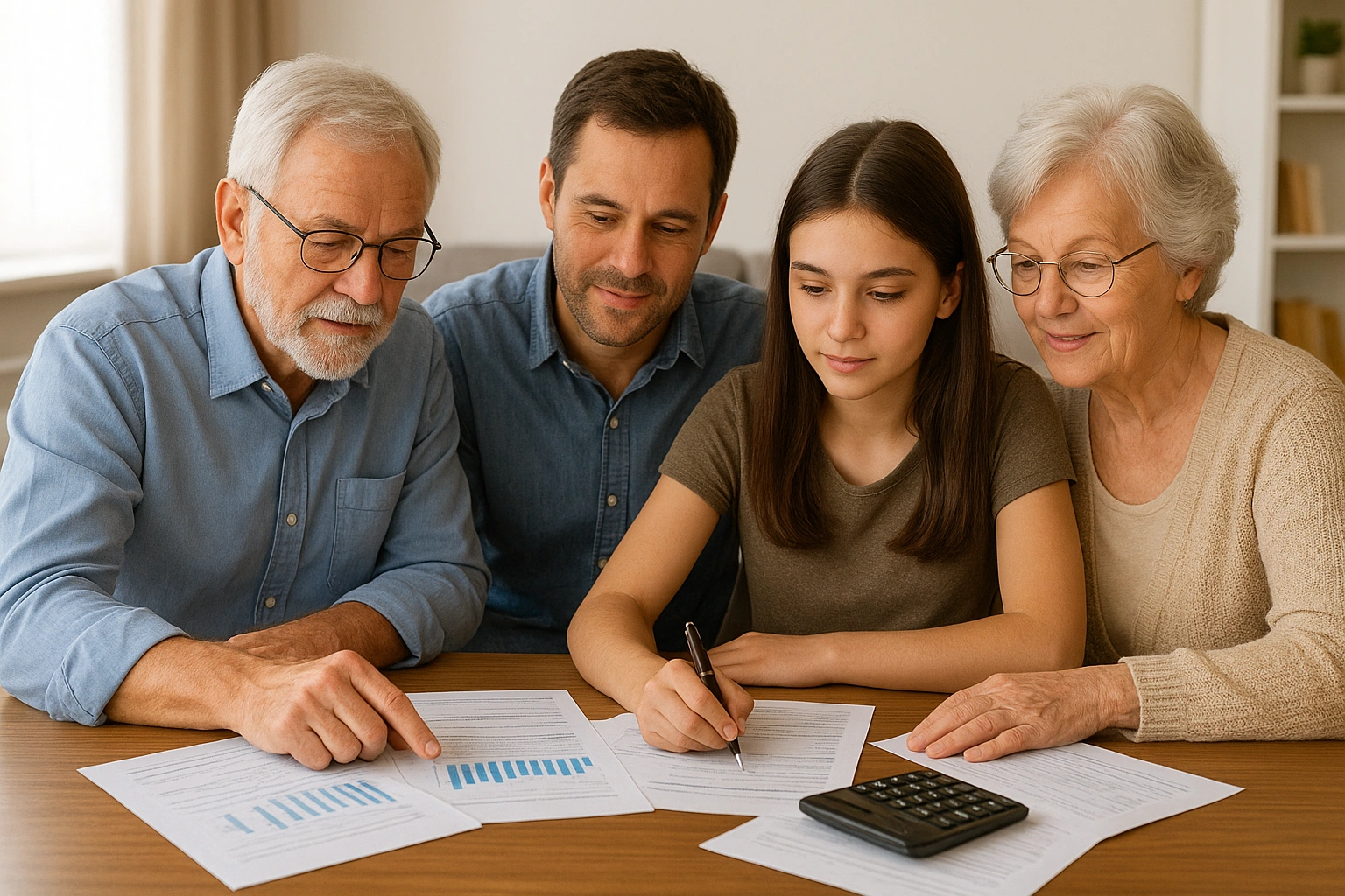 Multi-generational family reviewing financial plans together, symbolizing trusted wealth management strategies for families.