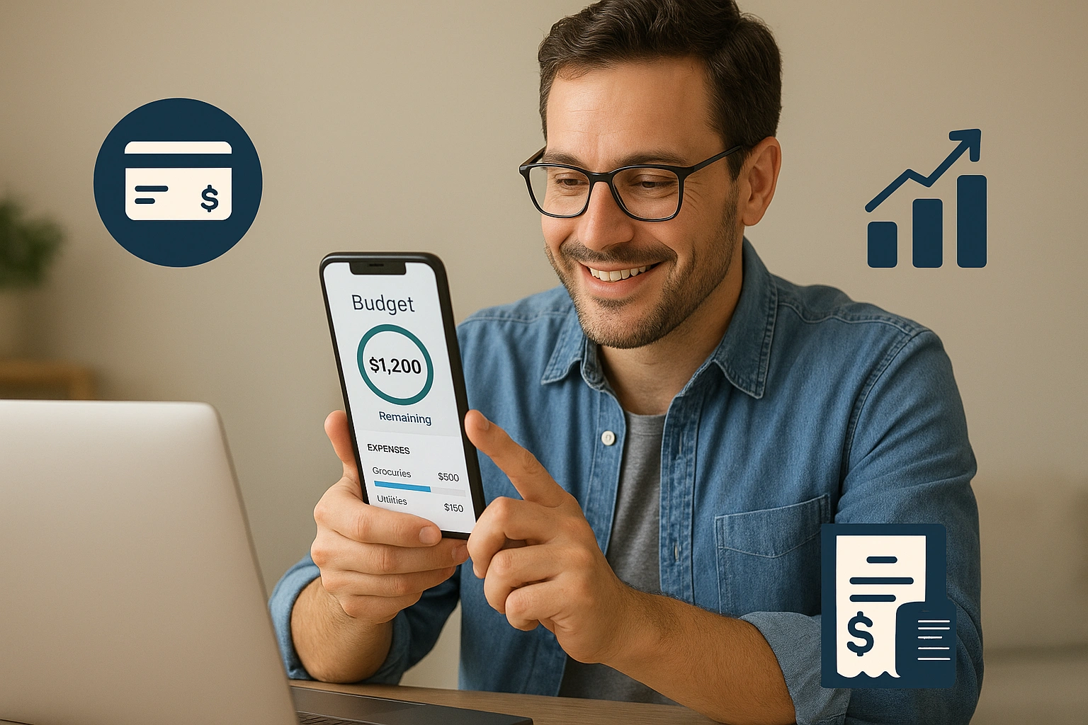 Person managing money using free budgeting apps on smartphone and laptop with visual icons of spending, charts, and bills, representing accessible personal finance tools.