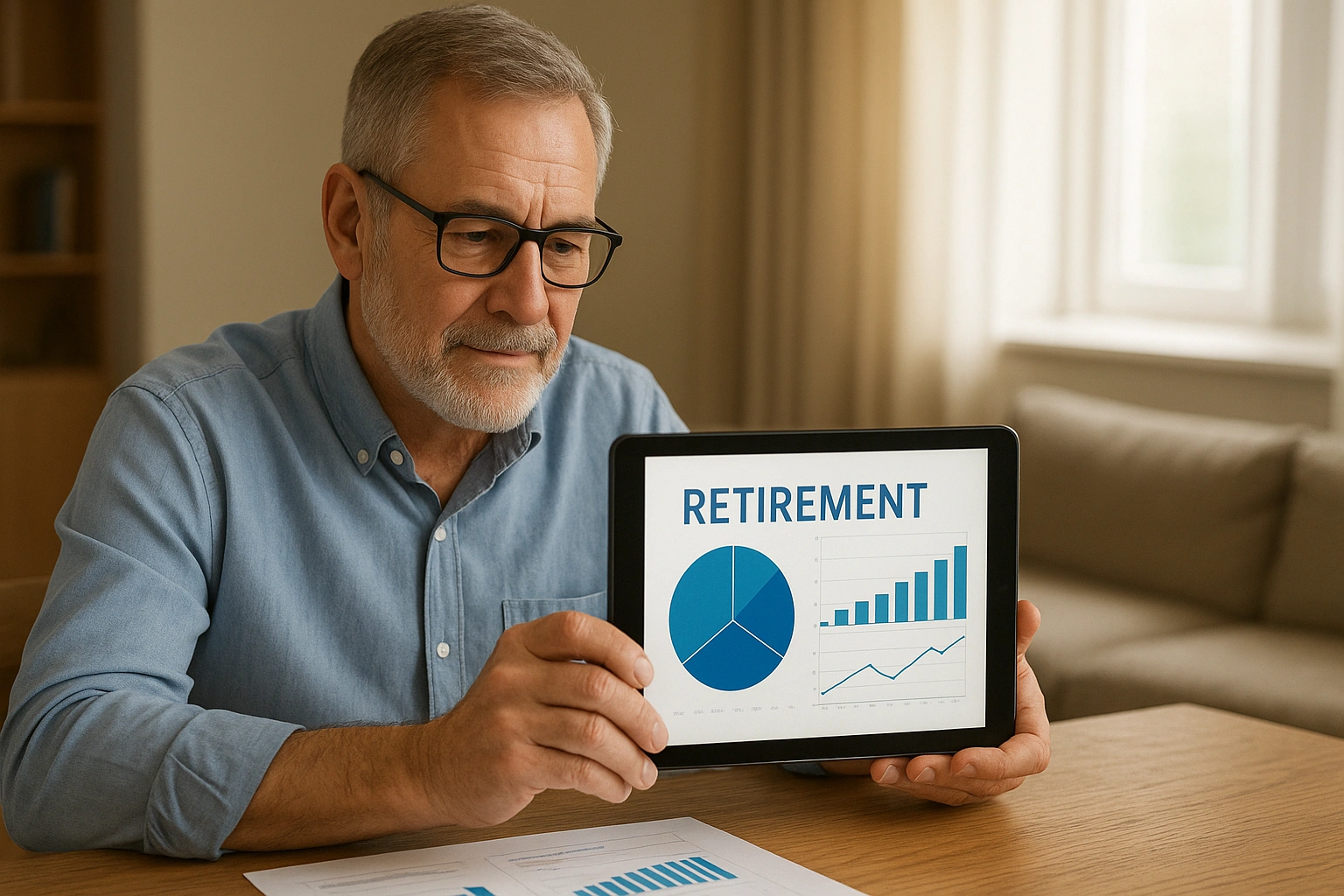 Person planning retirement using a digital tablet, reviewing charts and graphs, symbolizing financial security and a clear retirement plan.