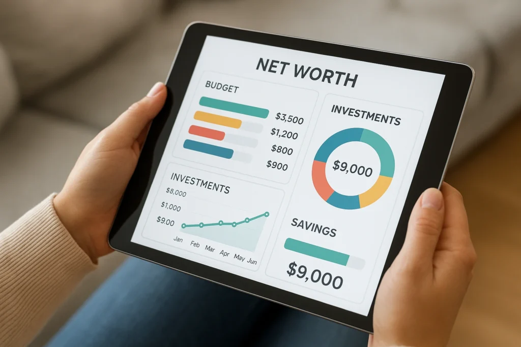 Person using a modern budgeting app with investment tracking on a tablet, showing graphs, charts, and net worth dashboard for smart financial management.