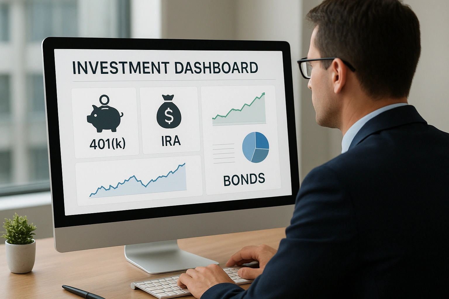 Professional analyzing investment dashboards on a computer with charts, graphs, and icons representing 401(k), IRA, stocks, and bonds, symbolizing smart retirement investment tools.