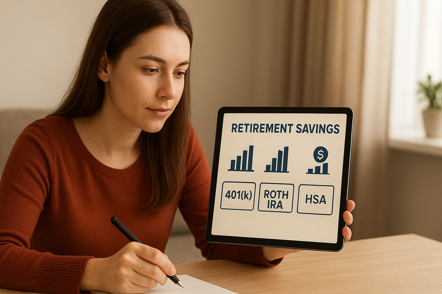 Young millennial woman planning retirement savings with 401(k), Roth IRA, and HSA icons, visualizing growth and financial security.