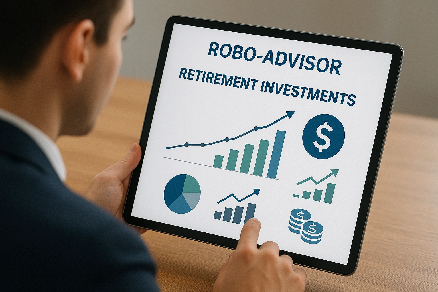 Young professional using a robo-advisor dashboard on a tablet, showing automated retirement investment charts and financial growth icons.