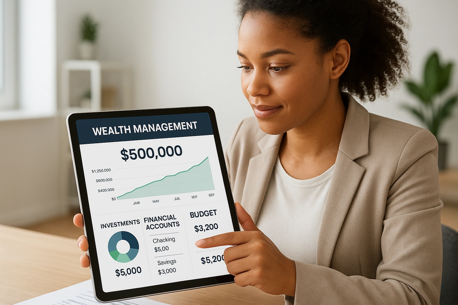 Young professional using wealth management tools on a digital dashboard showing net worth, investment charts, and financial accounts for a clear overview of finances