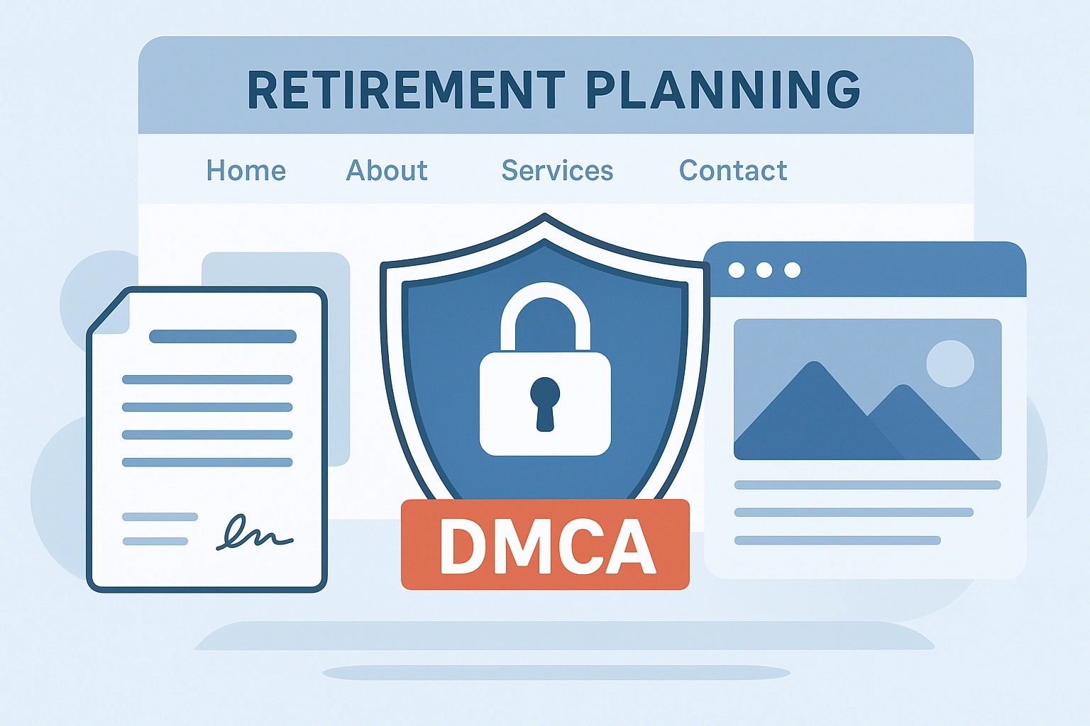 Illustration of a digital shield protecting documents, text, and website graphics, with a lock icon and DMCA label, symbolizing copyright protection and respect for intellectual property on a retirement planning website.