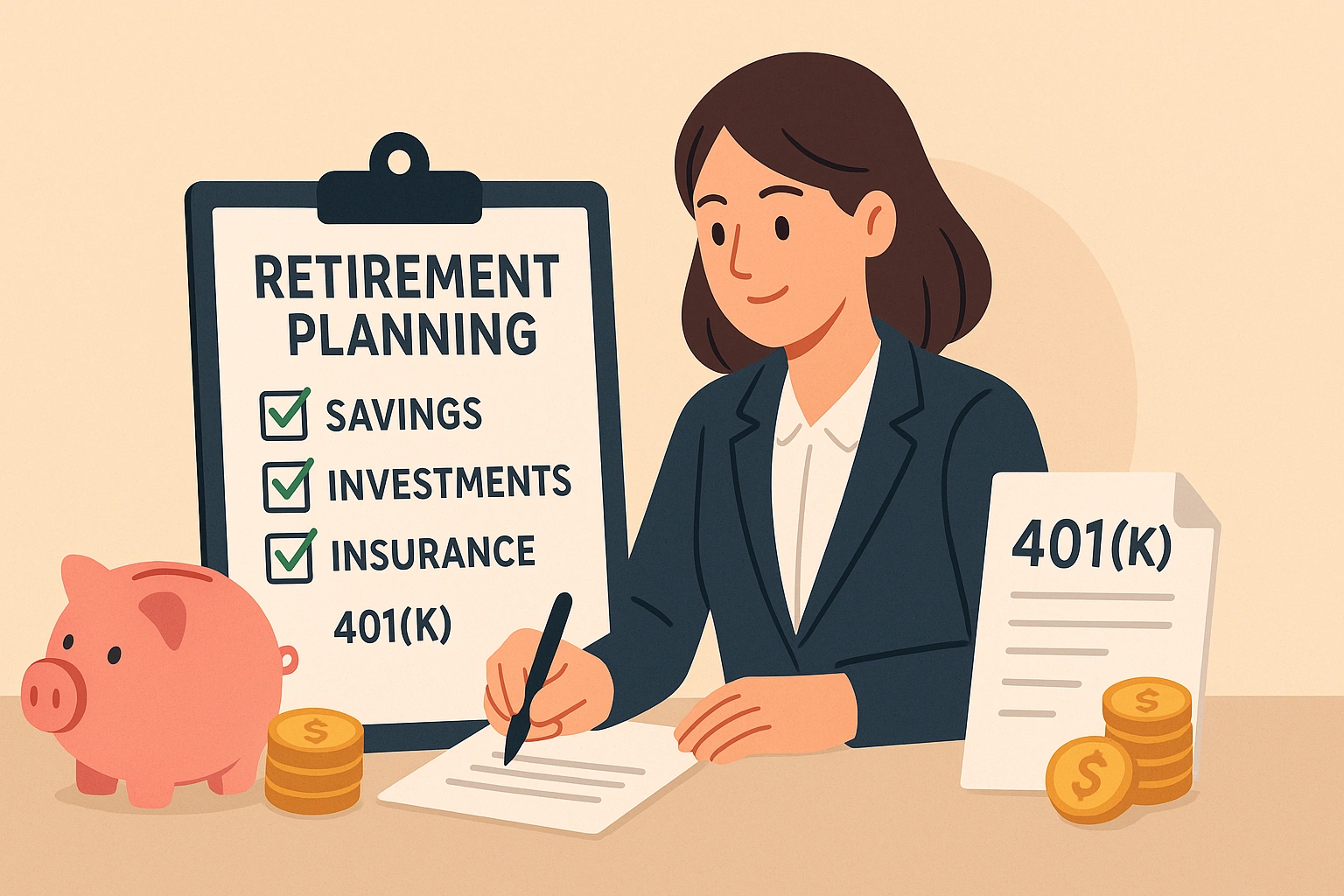 Illustration of a young professional following a retirement planning checklist, with financial icons like a piggy bank, coins, and 401(k) documents, representing organized steps toward a secure retirement.