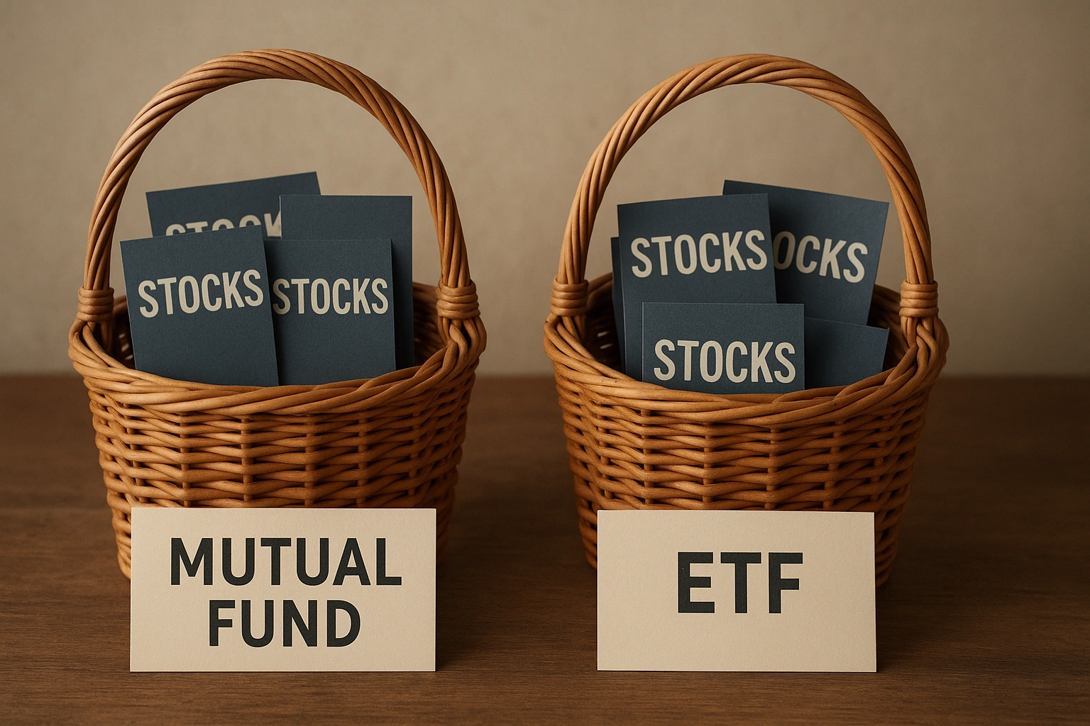 An image showing two baskets, one labeled 'Mutual Fund' and one 'ETF', both containing stocks.