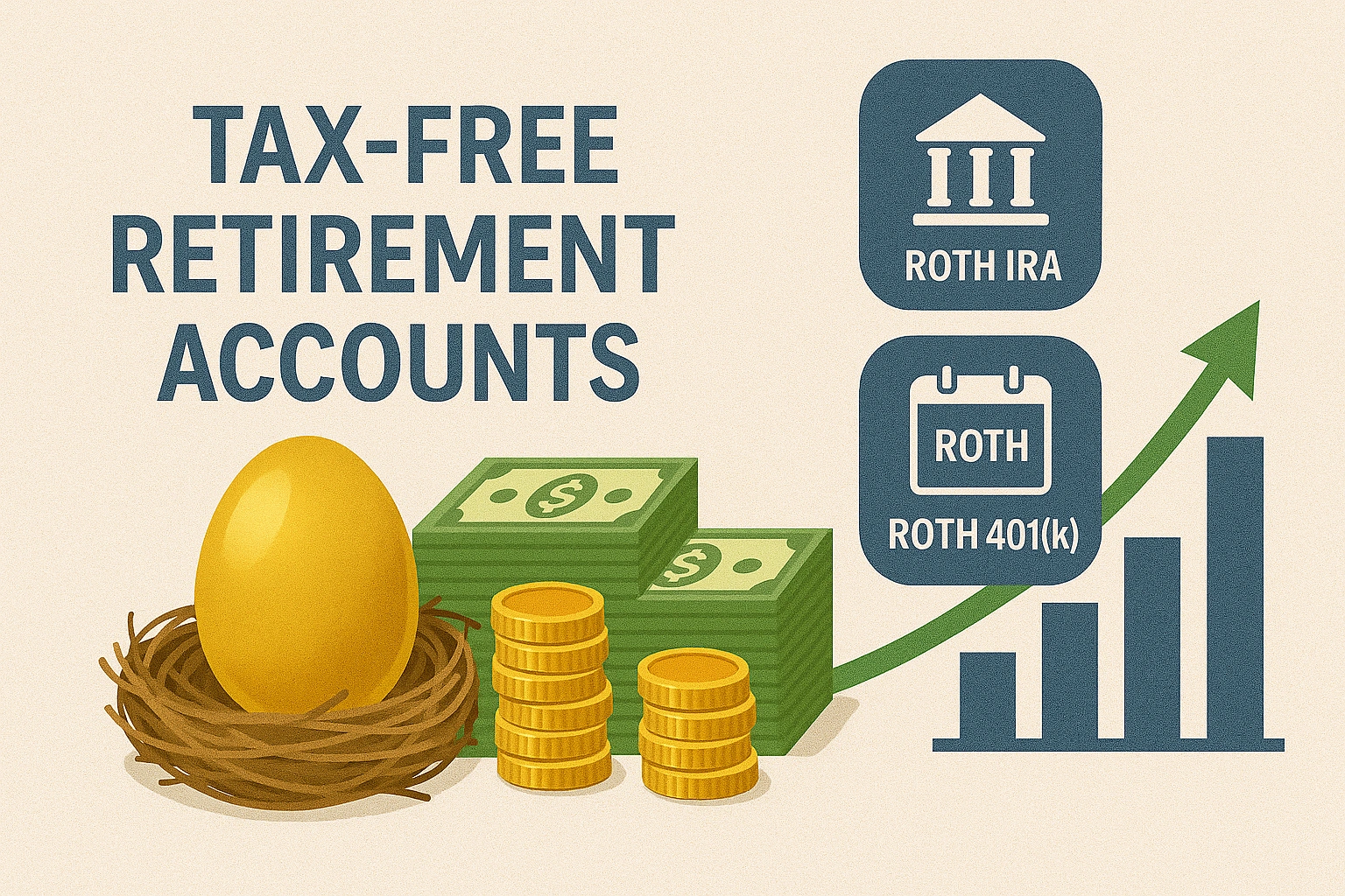 Thumbnail illustrating tax-free retirement accounts with a golden nest egg, money stacks, Roth IRA and Roth 401(k) icons, and a rising growth chart symbolizing tax-free wealth and retirement planning.