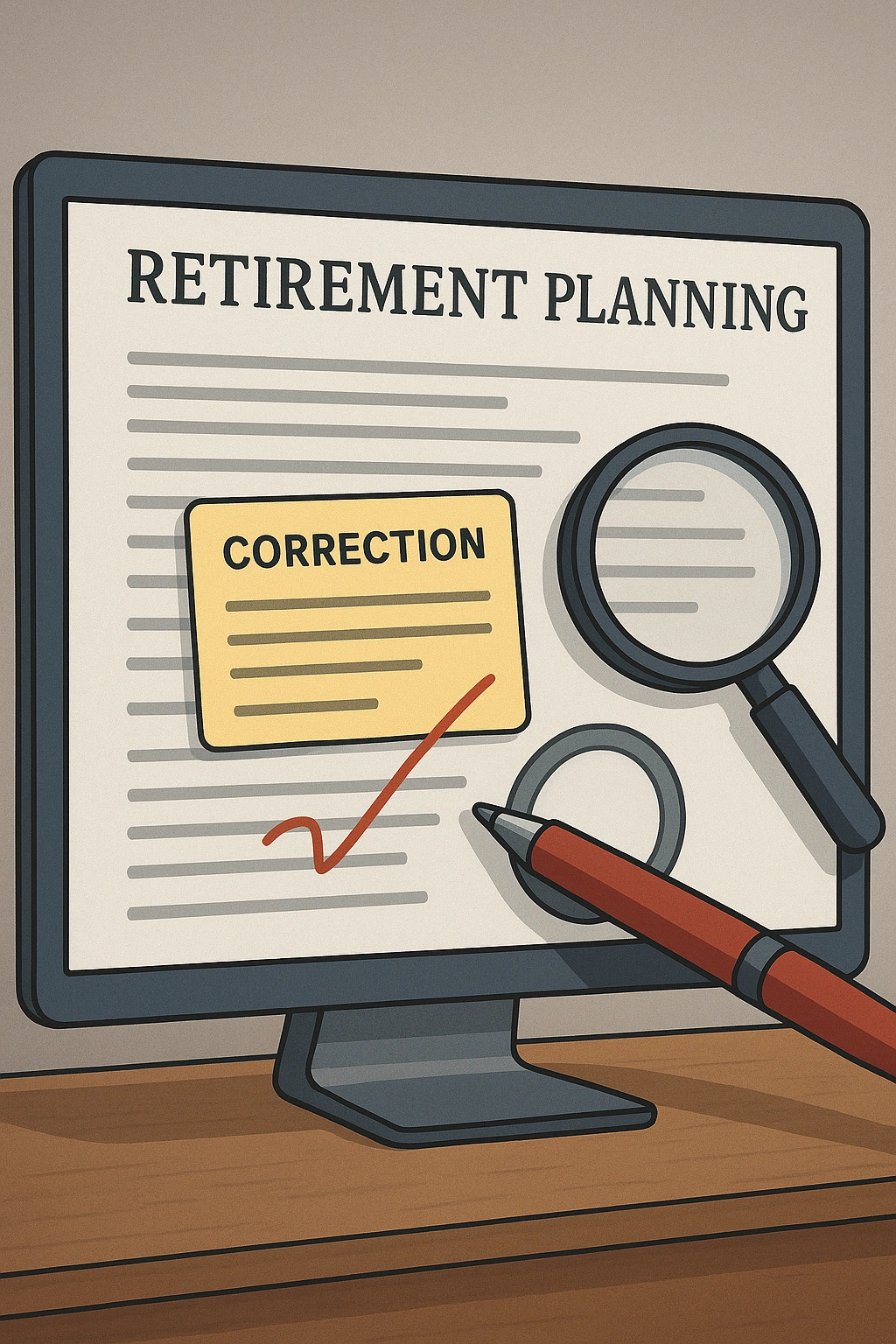 Illustration of a computer screen showing an article with a correction note, a pen editing text, and a magnifying glass, symbolizing corrections and updates policy for a retirement planning website.